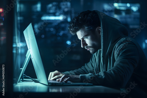 man using computer at the dark room