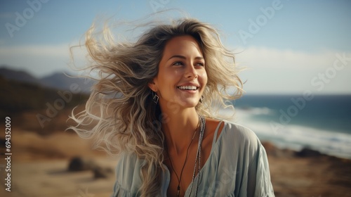 Radiant young woman with windswept hair smiling freely, her joy reflecting the serene coastal backdrop, embodying the essence of natural beauty and relaxed grace.