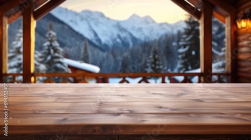 Empty wood table in wood cottage with view of winter nature 