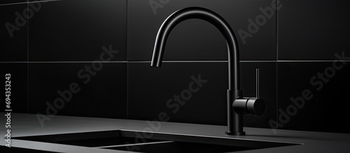 Black gooseneck tap featured in monochrome kitchen detail. photo