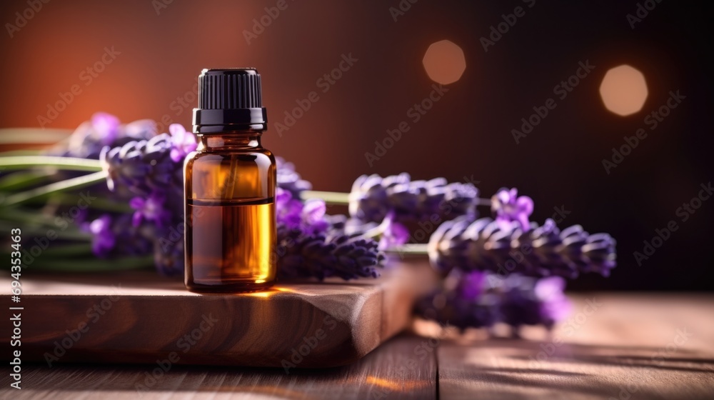 Essential aromatic oil and lavender flowers on a wooden base Essential aromatic oil and lavender flowers on a wooden base