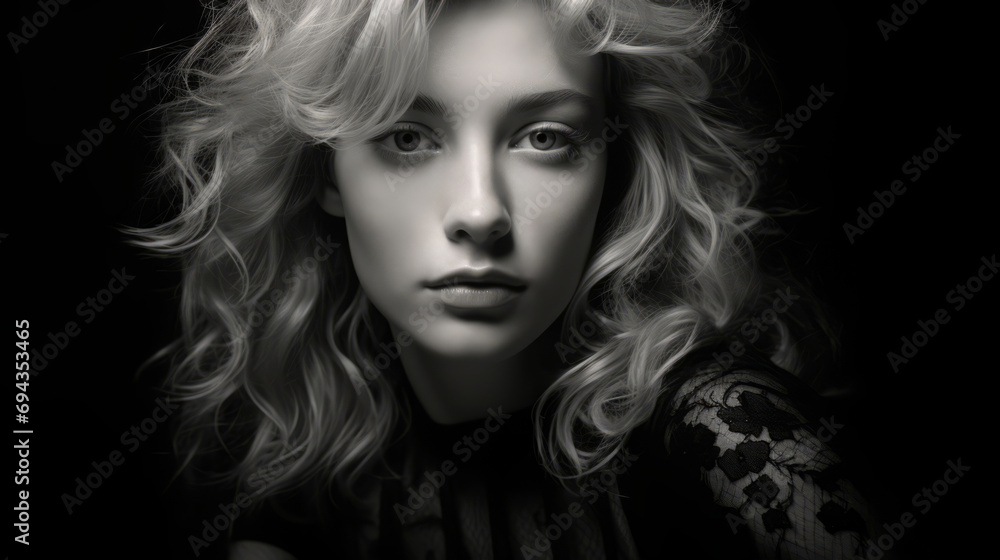 Fototapeta premium Captivating woman with flowing blonde locks and piercing eyes gazes confidently at the camera in a stunning portrait, highlighting her delicate features and flawless makeup