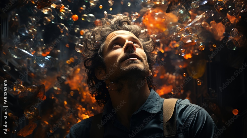 A mesmerized man gazes at a swirl of iridescent bubbles, his face reflecting awe and wonder as he stands adorned in casual attire, captured in a captivating portrait