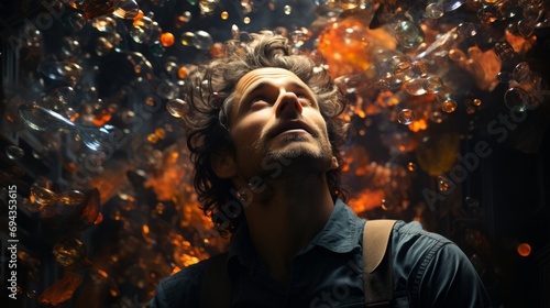 Obraz na płótnie A mesmerized man gazes at a swirl of iridescent bubbles, his face reflecting awe and wonder as he stands adorned in casual attire, captured in a captivating portrait w salonie