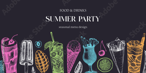 Summer party banner. Non-alcoholic beverage, mocktail, ice cream, fruit, cocktail sketches. Hand drawn vector illustration on chalkboard. Summer festival design, bar menu, tropical background