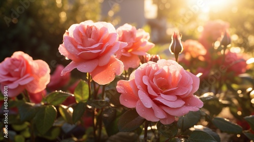 A close-up of dew-kissed roses in a garden, the morning sun casting a warm glow