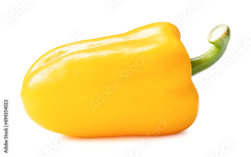 Fresh yellow bell or sweet paprika pepper isolated on white background with clipping path and shadow in png file format. Side view photo