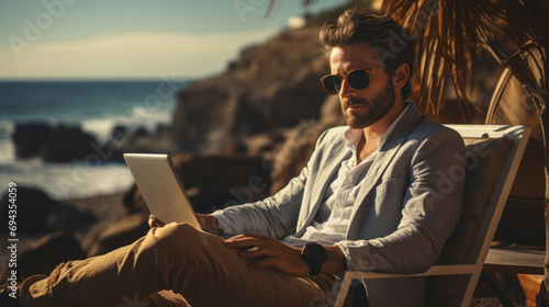 Foto Sophisticated man in casual suit lounges on a beach chair with a laptop, blendin
