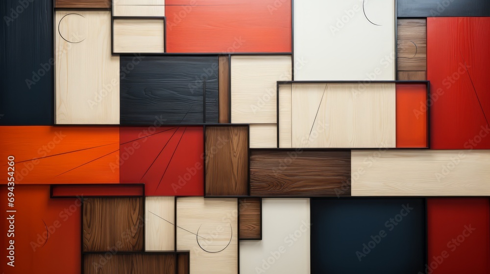 A vibrant abstract piece showcasing a wooden wall adorned with parallel rectangles of varying colors, exuding a sense of colorfulness and artistic flair