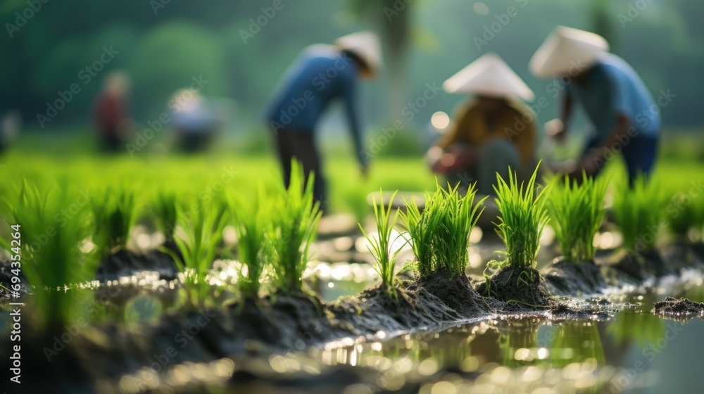 Farmers planted seedlings in green rice fields  - obrazy, fototapety, plakaty 