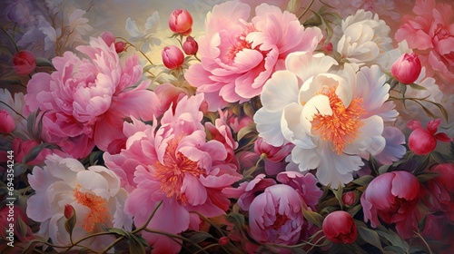 A lush garden with blooming peonies, their delicate petals capturing the essence of spring