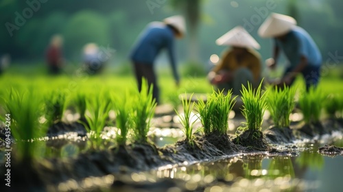 Farmers planted seedlings in green rice fields 