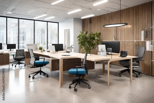 A collaborative workspace in a modern estate office, with flexible seating arrangements, innovative design features, and a balance of open and private areas