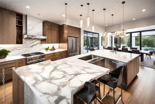 A house with a contemporary kitchen boasting marble countertops, stainless steel appliances, and an open layout that seamlessly connects with the dining and living areas