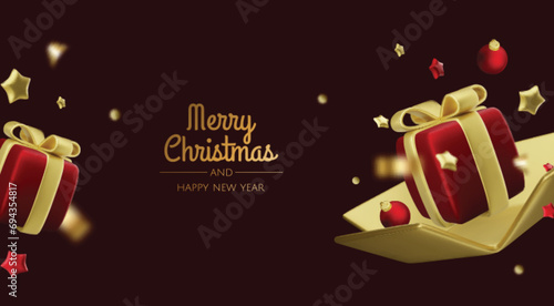 Happy New Year and Merry Christmas. Christmas holiday background with realistic 3d objects,gold and red bauble balls, conical metal stars. Levitation falling design composition.