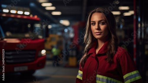 Firewoman standing in front of a fire engine