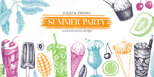 Summer party background. Non-alcoholic beverage, mocktail, ice cream, fruit, cocktail sketches. Hand drawn vector illustration. Summer food festival frame. Bar menu. Tropical design in color