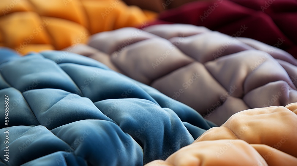 Obraz premium A vibrant array of indoor blue blankets, inviting you to snuggle up and get cozy in their soft embrace