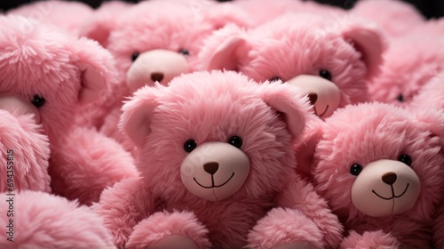 A collection of soft, pink teddy bears nestled together on a cozy indoor shelf, their plush fur and adorable expressions inviting endless snuggles and love © Envision