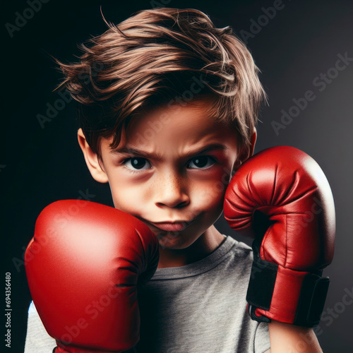 angry kid boy wearing red boxing gloves, confident smiling expression ready for fight. ai generative © Anna