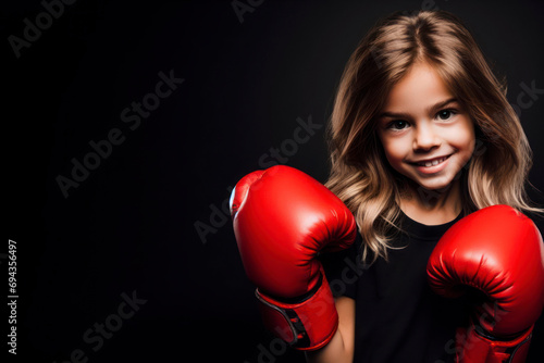 angry kid girl wearing red boxing gloves, confident smiling expression ready for fight. ai generative