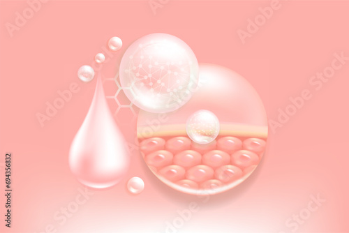 Hyaluronic acid hair and skin solutions ad, pink collagen serum drops into skin cells with cosmetic advertising background ready to use, illustration vector.	