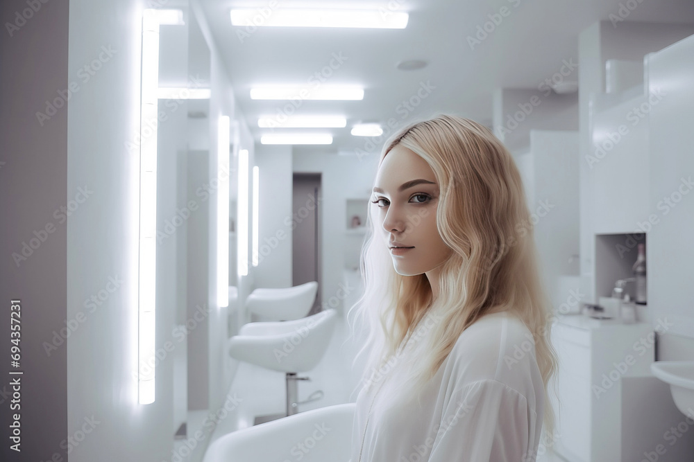 A young blonde woman with a beautiful hairstyle sits on a chair in a beauty salon. AI generated.