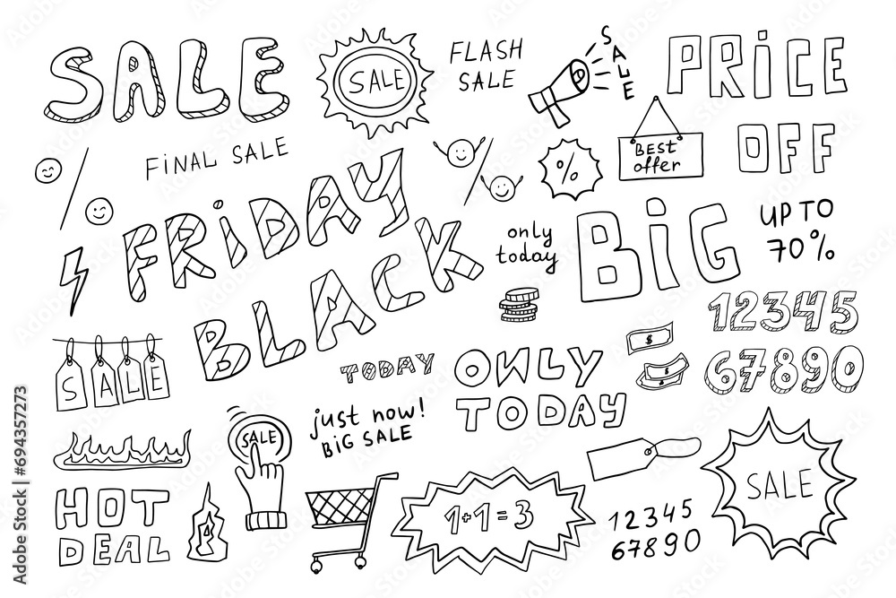 Big set of shopping retail sale and discount in doodle style. Numbers, tags, frames, sale lettering, promotion, labels sketch. Hand Drawn. Isolated vector illustration isolated on white background.