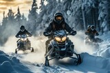 Group of friends snowmobiling through a scenic winter landscape, capturing the excitement of snowy adventures