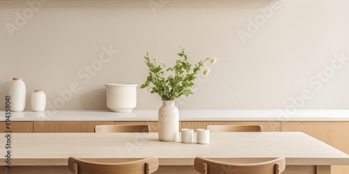 Minimal table decor with white and beige kitchen and dining interior. © Lasvu