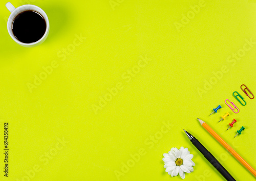 Office stationery on a green background, office and stationery