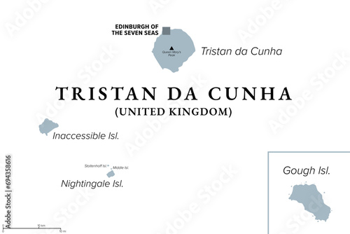 Tristan da Cunha, Inaccessible, Nightingale and Gough Island, gray political map. Remote group of South Atlantic volcanic islands. British Overseas Territory with capital Edinburgh of the Seven Seas.