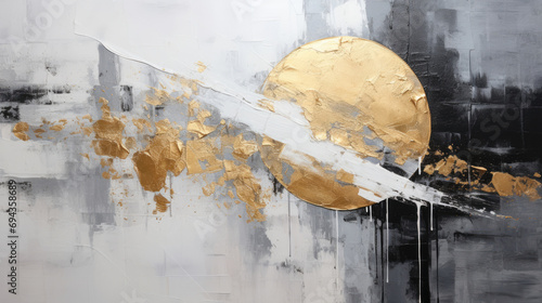 art of painting gold and black sphere on gold and silver in a rustic abstraction style with thick layers of paint in the form of a light white and gray canvas created with Generative AI Technology