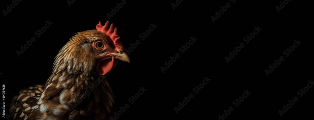 Home pet hen chick on a black background close-up, isolate. AI generated.