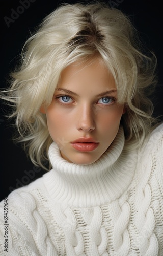 Beautiful young girl, woman, in a white warm knitted sweater, pullover, turtleneck, beautiful photo model for online sales, online store of things, show room, product card