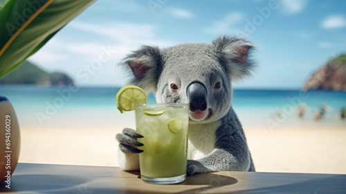 Funny koala drinking cocktail on beach  photo