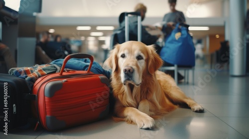 Funny golden retriver dog waiting in airport terminal ready to board the airplane or plane at the gate photo