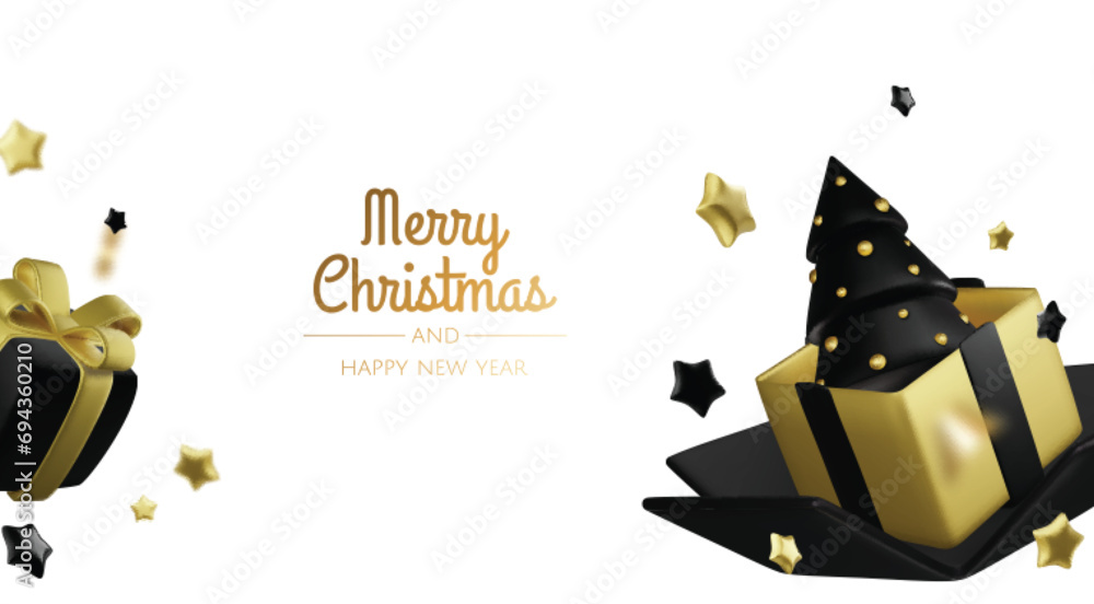 Happy New Year and Merry Christmas. Christmas holiday background with realistic 3d objects,gold and red bauble balls, conical metal stars. Levitation falling design composition.