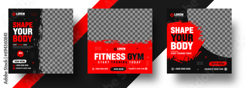 watercolor paint brush strokes texture Fitness gym social media post banner template with black and red color. Grunge brush stroke effect Workout fitness and Sports social media post banner bundle. photo