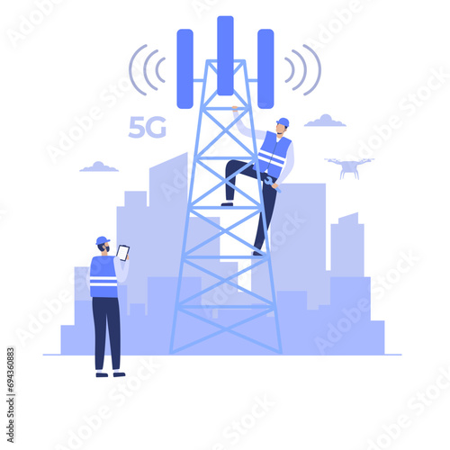 5g telecom engineer repairing networks,Telecom engineer building tomorrow's networks. 5g concept,Transmission Cellular Tower Antenna.