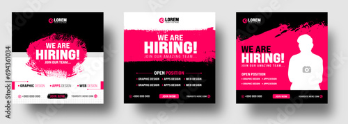 watercolor paint brush strokes texture We are hiring job vacancy social media post banner template with black and red color. Grunge brush stroke effect We are hiring social media post banner set.