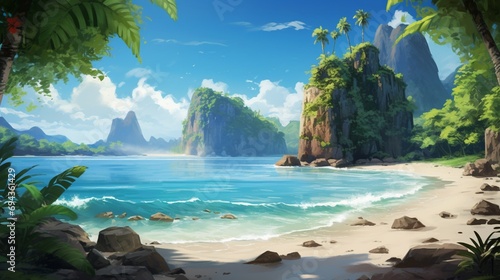 A secluded tropical beach embraced by towering cliffs covered in lush vegetation. 