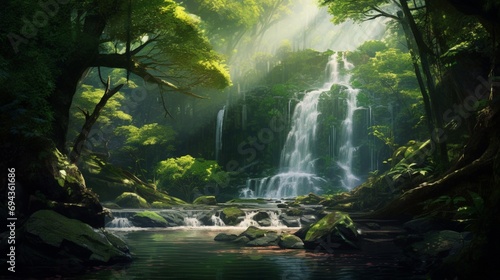 A secluded waterfall hidden in a lush forest, sunlight filtering through the leaves