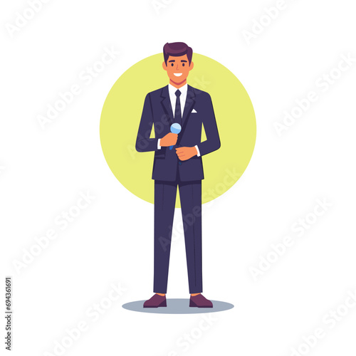 Standing tv show presenter holding a microphone flat design vector illustration.