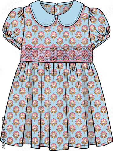 KID GIRLS WEAR DRESS WITH PETER PAN COLLAR AND FLORAL PATTERN VECTOR ILLUSTRATION
