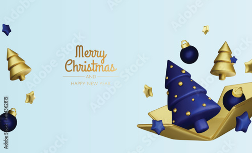 Happy New Year and Merry Christmas. Christmas holiday background with realistic 3d objects,gold and red bauble balls, conical metal stars. Levitation falling design composition.