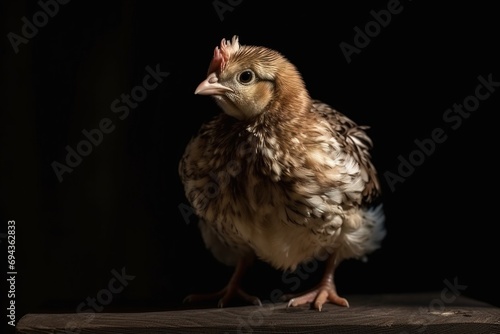 Home pet hen chick on a black background close-up  isolate. AI generated.