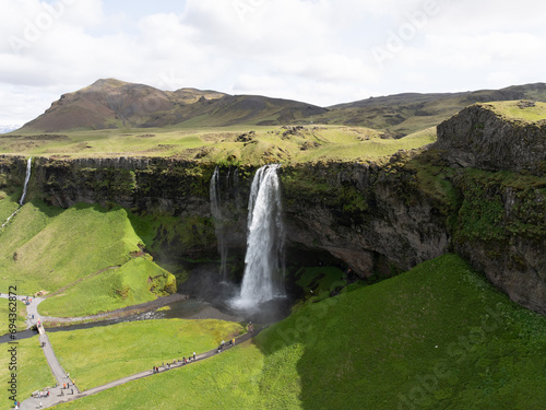 Aerial photography of waterfalls in Iceland  in summer  green