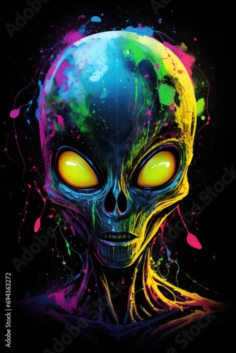  a painting of an alien with yellow eyes and a blue head with splots of paint all over it. photo