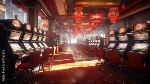 Slot machines in a casino, slot machine hall, big risks and big winnings, bets on sports and slot machines, jackpot 777